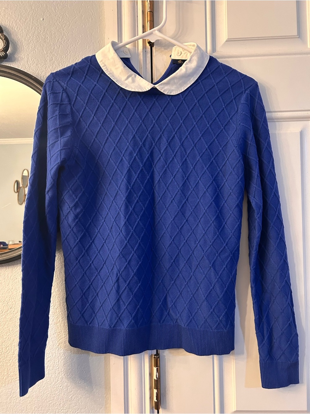 Brooks Brothers Blue Diamond Knit Wool Sweater with White Collar- Small